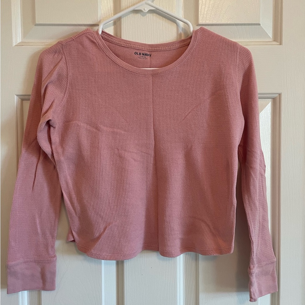 pink girls waffle shirt crop top long sleeve - L